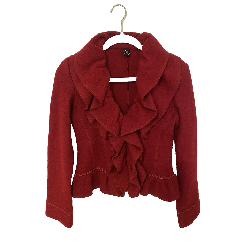 Vtg Saks Fifth Ave‎ Women Red 100% Wool Ruffle Blazer Jacket XS Old Money Classy